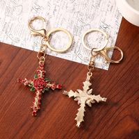 Porte-clés pendentif rétro en alliage de zinc, orné de diamants, en forme de croix de rose, créatif, pour sac à main femme, personnalisé, pour clé de voiture
