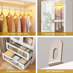 <span class=keywords><strong>Armadio</strong></span> di Lusso con Porte in Vetro LED, Ampio Guardaroba per Camera da Letto con <span class=keywords><strong>Specchio</strong></span> e Asta Appendiabiti, Mobile Contenitore in Legno Bianco - Product Image 4