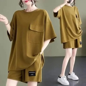 Women's Casual Two Piece Set Short Sleeve Pocket Design Loose Fit Ginger Yellow Plus Size Summer Outfit Knitted Polyester - Product Image 1