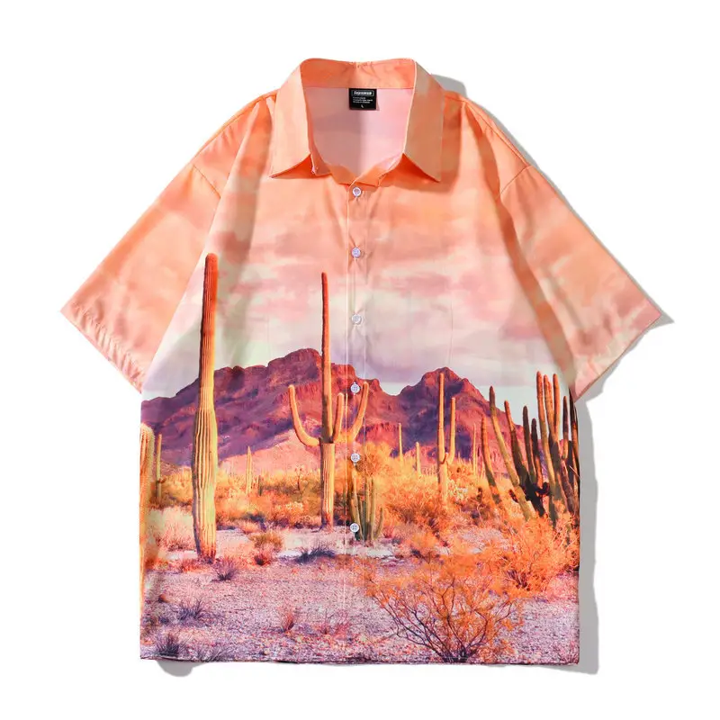 Unique Desert Cactus Printed Funky Hawaiian Shirt Men Short Sleeve Shirt Top Blouse for Summer