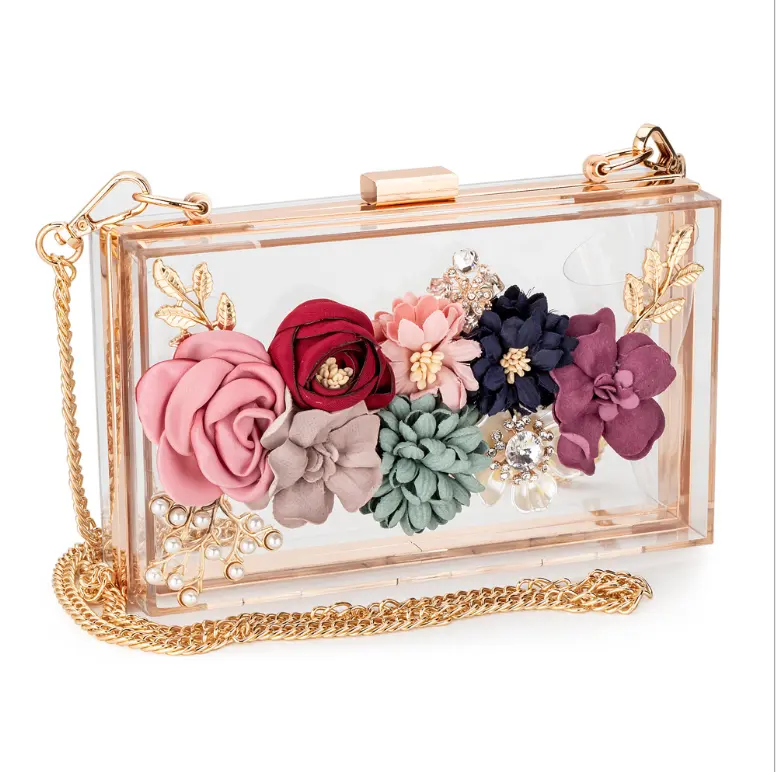 Fashion Handmade Women Clear 3d Flower Handbag Floral Transparent Square Box Design Purse Ladies Clutch Evening Bag