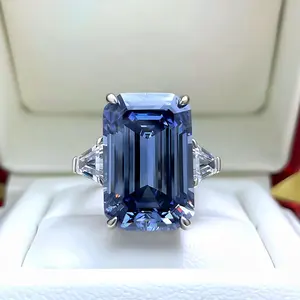 "Emerald Cut CZ New Design Solid 925 Pure Silver Rings Silver Ring With Blue Stone Sterling Silver Cubic Zirconia Ring "