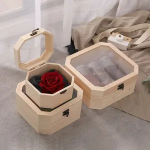 Vente en gros octogonal couvercle acrylique de couleur naturelle boîte d'emballage de fleurs en bois boîte-cadeau en bois personnalisée avec fenêtre transparente