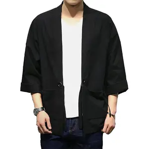 Пальто-кимоно мужское хлопковое свободного покроя, длинный кардиган с открытой передней частью, винтажная верхняя одежда в японском стиле, юката
