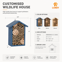 Hôtel à abeilles en bois bleu de luxe pour jardin extérieur, habitat pour pollinisateurs, maison pour abeilles masonnes avec tubes de nidification en bambou naturel et bois percé