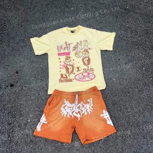 Camisetas de Alta Calidad con Logotipo Personalizado, Impresión en Pantalla, 300 g/m², Conjuntos de Camisetas de Algodón para Hombre, Conjuntos Deportivos Cortos de Verano con Lavado Ácido para Hombre - Product Image 2