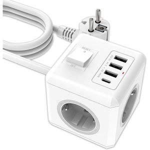 Bloc d'alimentation Antela Power Cube 3 prises CA, 3 ports USB-A, 1 port USB-C, câble de 1,5 m, IP20, ABS, pour bureau et maison, blanc, design sécurisé - Product Image 1
