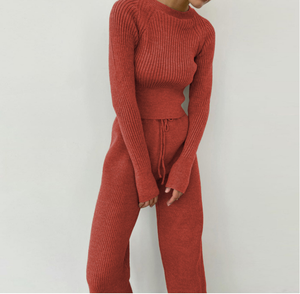 Nouveautés 2021 : Ensemble deux pièces en tricot côtelé à manches longues, ensemble de pull classique pour femmes, <span class=keywords><strong>pantalon</strong></span> de sport à jambes larges - Product Image 5