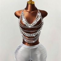 Nuevo Top Halter con Cadena para el Pecho, Diseño Geométrico, Acrílico, Hecho a Mano con Perlas, para Mujer