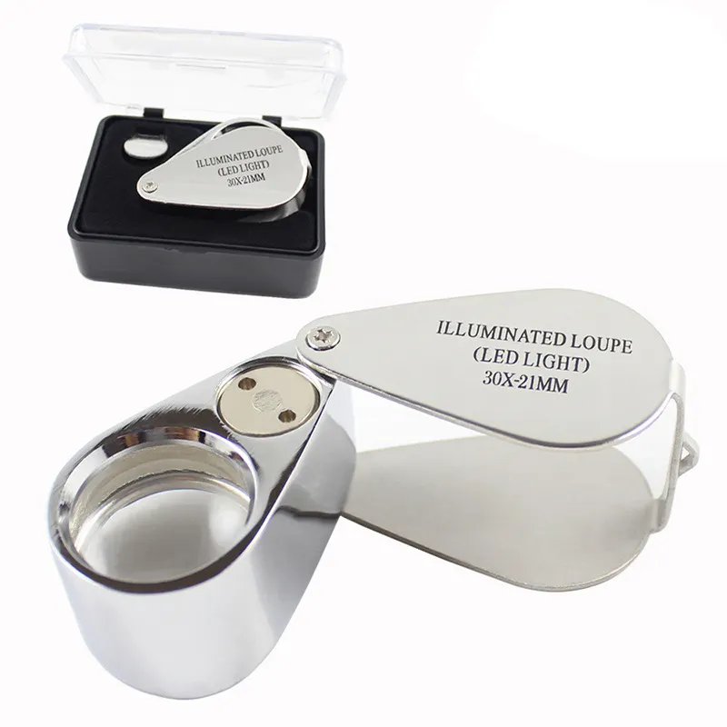 MG21007 Triplet Lens Diamond Insects Magnifiers Folding Metal Jewelers Eye Loupes 30X21mm 30X Magnifier With Two LED Lights
