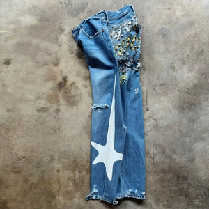 Jean en denim bleu de haute qualité, nouvelle marque de créateur, style hip-hop, imprimé graphique, déchiré, effiloché, délavé, avec clous et rivets, pour homme - Product Image 5