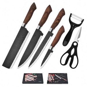 Ensemble de couteaux de chef en acier inoxydable à succès avec accessoires et manches en bois, couteaux de cuisine à manche drapé, ensemble de cuisine - Product Image 5