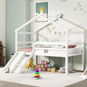 White Twin Low Loft House <strong>Bed</strong> <strong>with</strong> <strong>Slide</strong>, Ladder &amp; Safety Guardrails Kids Playhouse <strong>Bed</strong> <strong>with</strong> Roof Frame - Product Image 1