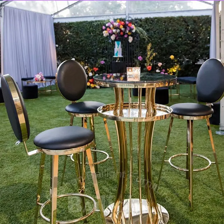 Ensembles de table de bar à cocktails haut d'extérieur en métal en acier inoxydable doré moderne avec plateau en verre