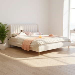Lit de style nordique moderne en cuir de luxe léger, écologique, taille Queen/King, couleur crème, pour chambre principale - Product Image 1