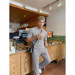FOXA Mens Polo <b>Set</b> Short Sleeve Textured Pants Casual Summer Breathable 100% Polyester <b>Knitted</b> Outfit - Product Image 5