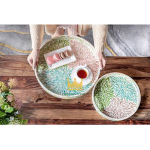Plateau de service rond en nacre, fait main, de haute qualité, écologique, élégant, avec incrustation florale, couleur personnalisée, avec poignées, en provenance du Vietnam - Product Image 6