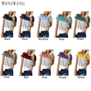 TONGYANGレディーストップス半袖ラウンドネックトリプルカラーブロックストライプTシャツカジュアルブラウス - Product Image 5