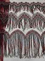 Tissu de tulle brodé de paillettes chevron, à franges de 40 cm, avec perles bordeaux de luxe et pompons épais, pour robe de soirée haute couture