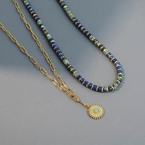Collar de joyería de lapislázuli turquesa africano hecho a mano cuentas de piedra natural gargantilla forma de sol collar con colgante de acero inoxidable - Product Image 4