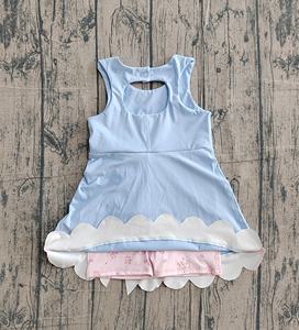 GSD3030 NOUVEAU Ensemble de yoga pour enfants style boutique, robe bleue et nœuds à carreaux roses pour petite fille, vente en gros personnalisée, sans MOQ, ODM - Product Image 2