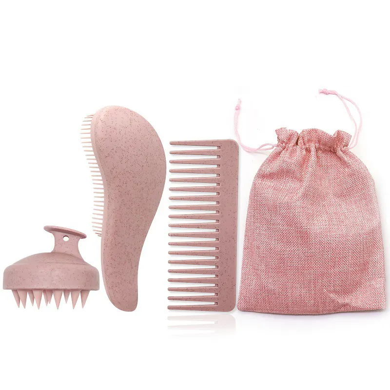 Set sikat Detangling logo kustom untuk rambut keriting, sikat rambut antikusut dengan sikat sampo jerami gandum pemijat kulit kepala dengan tas