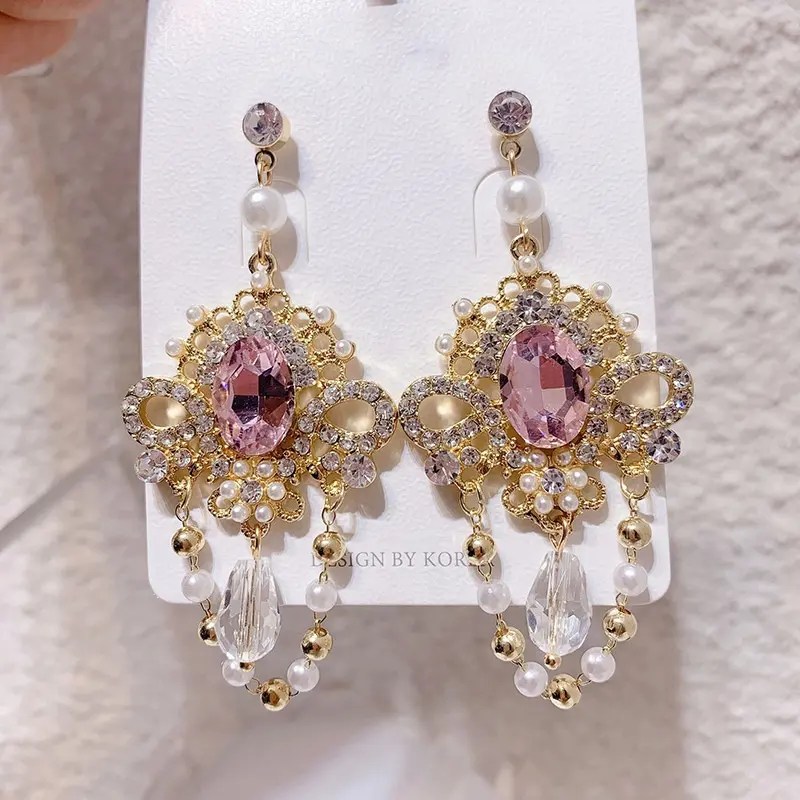 Kaimei Korean style super flash palace gorgeous girly earrings retro pink crystal baroque pearl tassel statement earrings