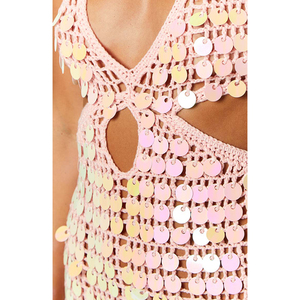 Sexy mignon <span class=keywords><strong>rose</strong></span> paillettes maille broderie transparent trou ouvert découpe transparent évider fronde femmes plage robes de vacances - Product Image 5