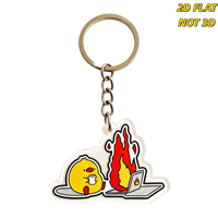 Porte-clés en acrylique 'Chick & Burning Laptop' avec oiseau jaune mignon et café entouré de flammes, accessoire humoristique anti-stress pour le travail