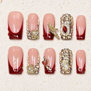 Faux ongles carrés moyens faits à la main, très tendance, de luxe, rouges, avec strass français, réutilisables, couvrance totale, pour l'été - Product Image 1
