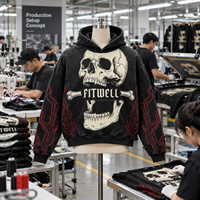 Sweat à capuche graphique tête de mort noir délavé personnalisé, manches flamme en strass, coupe oversize, style streetwear, pour marques en marque blanche