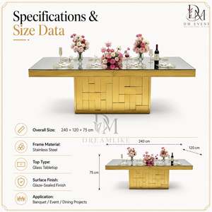 Luxury Gold Stainless Steel Dining Table <b>Mirror</b> Glass Top <b>Mosaic</b> Pedestal Base Hotel Wedding Event Wholesale Supplier - Product Image 5
