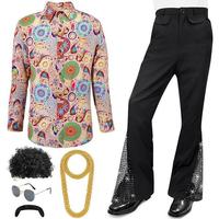 Nuevo Conjunto de Disfraz Disco de los 70 para Hombre - Camisa de Lentejuelas, Pantalones Acampanados con Peluca Afro, Bigote y Accesorios para Fiesta Disco Retro de Halloween