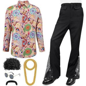 Nouvel ensemble de costume disco des années <span class=keywords><strong>70</strong></span> pour hommes - Chemise à paillettes, pantalon évasé avec <span class=keywords><strong>perruque</strong></span> afro, moustache et accessoires pour fête disco rétro d'Halloween - Product Image 5
