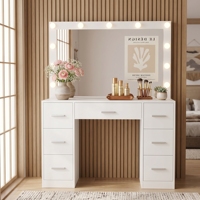 Vente en gros de coiffeuse moderne blanche de style Hollywood avec miroir éclairé et 7 tiroirs - Table de maquillage pour chambre à coucher