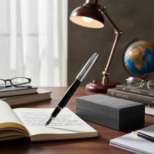 Penna Stilografica in Metallo Nero e Cromato con Punta in Acciaio Inossidabile per Scrittura, Set Regalo per Studenti e Professionisti Finanziari con Scatola - Product Image 3