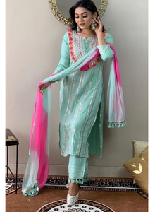Kurti <b>Pant</b> Dupatta Set Rayon Embroidery Lace Work Ethnic Wear <b>Three</b> <b>Quarter</b> Sleeves Round Neck Solid Traditional Wear Dress - Product Image 4