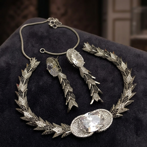 Luxury <b>Silver</b> Plated Brass Cubic Zirconia Necklace Set Oval CZ Stone Wheat Leaf Link <b>Choker</b> Drop Earrings Bridal Jewelry - Product Image 2