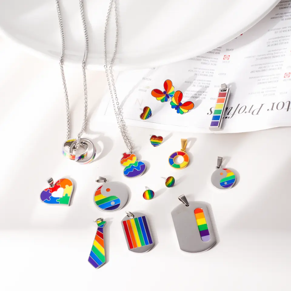 Wholesale Enamel Rainbow Jewelry Stainless Steel LGBT Gay and Lesbian Pride Pendant Necklace Earrings