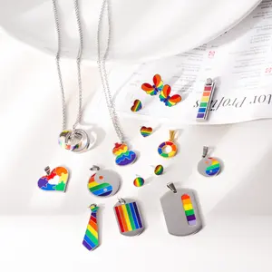 Grosir Enamel pelangi perhiasan baja tahan karat LGBT Gay dan Lesbian Pride liontin kalung anting-anting