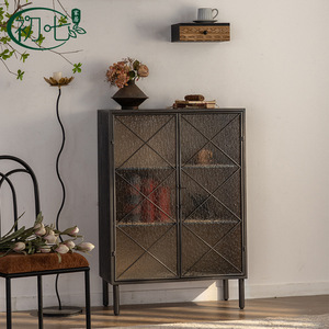 Mueble de Almacenamiento de Vidrio con Diseño de Ondas de Agua, Color Negro Antiguo, Estilo de Alta Gama, Mueble Lateral de Pared para el Hogar, Mueble para Té - Product Image 2