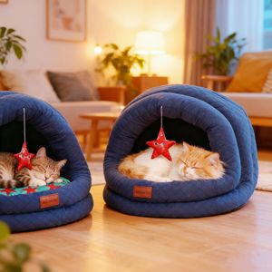 Lit pour chat Akogchi, rond, semi-fermé, maisonnette chaude pour l'hiver avec motif d'étoiles pour chats - Product Image 1