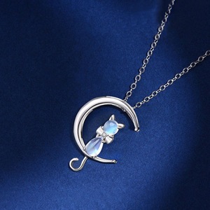 Collar con Colgante de Media <span class=keywords><strong>Luna</strong></span> y Piedra Lunar, Cadena Cruzada de Cobre Plateada en Oro y Plata, con Diseño de Gato Adorable - Product Image 5