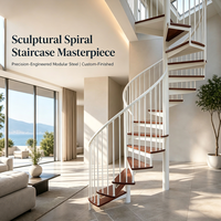 Escalier en colimaçon avec marches en bois, colonnes en acier blanc, escalier en spirale intérieur sur mesure pour villa, maison de luxe, design moderne et gain de place