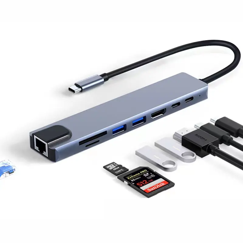 8 in 1 USB C HUB With 4K@30Hz HDMI, 2x USB A , RJ45, Micro SD Care Reader, USB C 100W PD Charging Docking Station