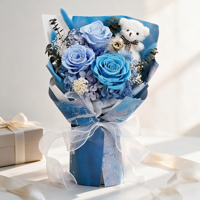 Bouquet de roses bleues préservées avec ours en peluche, fleurs séchées éternelles, vente en gros, Saint-Valentin, anniversaire, décoration de la maison, cadeau