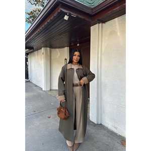 Manteau long kaki pour femme, col imprimé, double boutonnage, imperméable, en tissu tricoté, style décontracté pour l'automne, coton personnalisé - Product Image 5