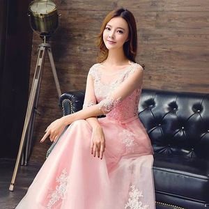 Pink A-Line Bridesmaid Dress With Lace Embroidery O-Neck Three Quarter Sleeve Long Tulle Wedding Guest Gown - Product Image 4