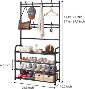 4-Tier Đen Thép không gỉ Giày hiển thị tủ quần áo giá đứng Organizer với hat áo túi móc - Product Image 3