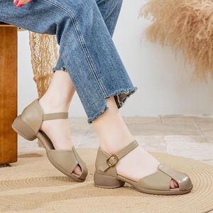 Women's Summer Sandals Mid Heel 3 5Cm Tpr Sole Top Grain Cowhide Solid Color One Word Toe Comfortable Breathable Non Slip - Product Image 2
